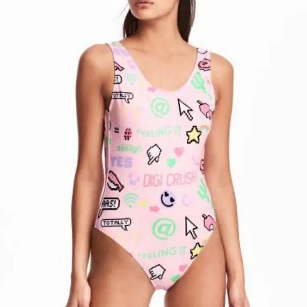 H&M Swimsuit High leg Pink Emoji Digital One Piece Swimsuit 14